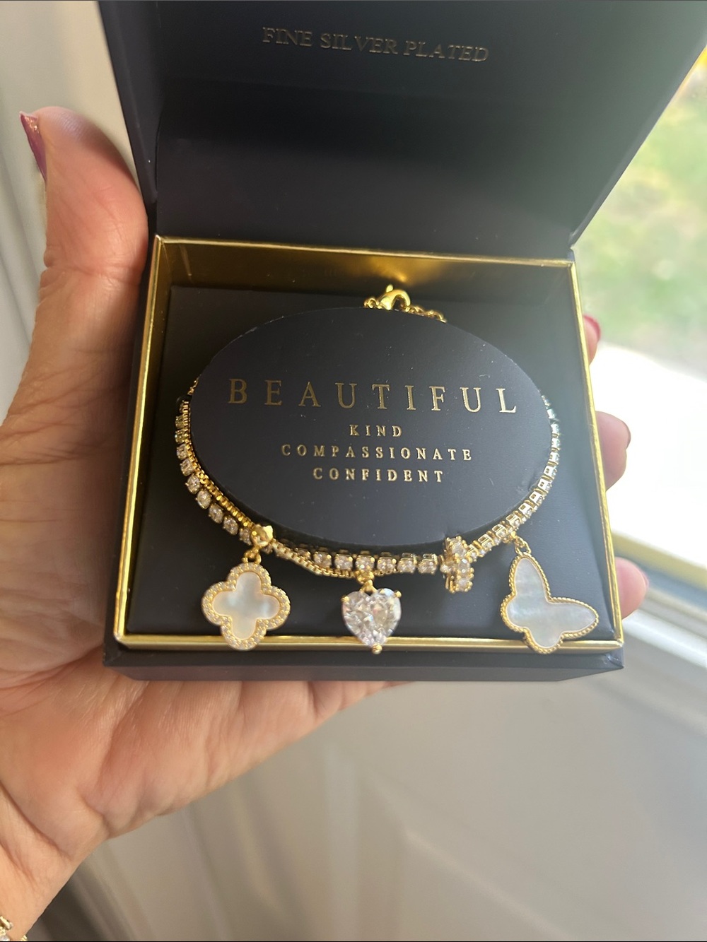 Gold-Tone Charm Bracelet with White Mother-of-Pearl and Crystal